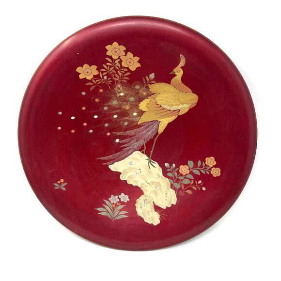 Japenese Maruni Co Lacquerware Metal Inlaid MOP Peacock Wall Charger Circa 1940s - Picture 1 of 13